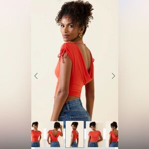 Oh Polly Kaede Asymmetric Ruched Cowl-Back Crop Top in Scarlet